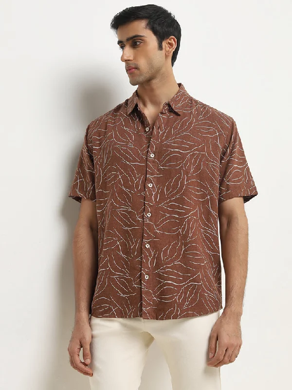 Fashion Must-have Ascot Tan Abstract Design Relaxed-Fit Blended Linen Shirt