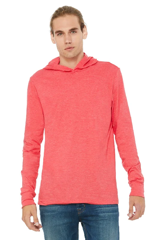 Simple Solid Color Bella + Canvas Mens Jersey Long Sleeve Hooded T-Shirt Hoodie - Heather Red